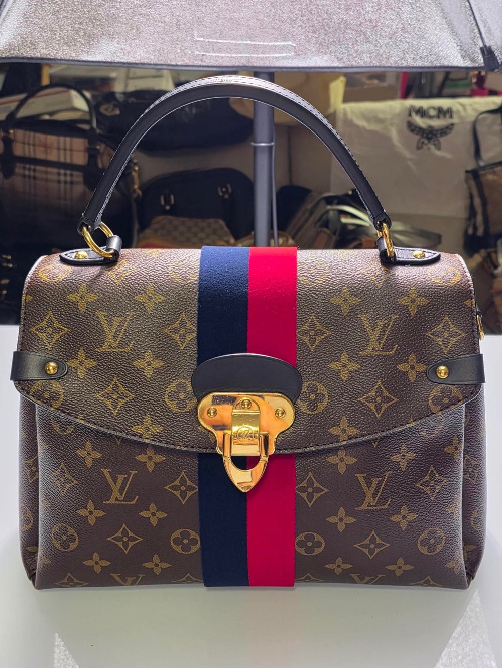 Louis Vuitton Georges Monogram Satchel in Brown with Navy & Red Stripe with COA